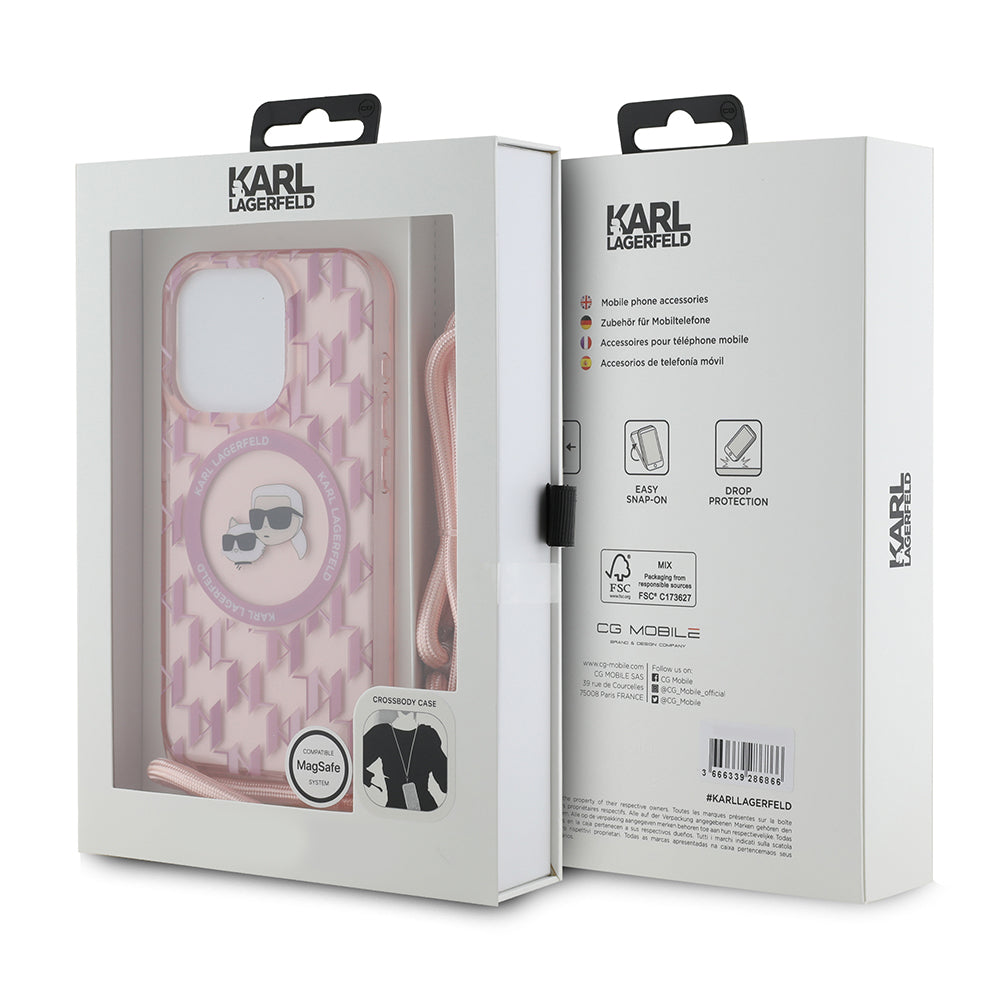 MagSafe Hülle für Apple iPhone 15 Pro Max, Karl Lagerfeld, IML Crossbody Monogram Karl & Choupette's Heads, Rosa