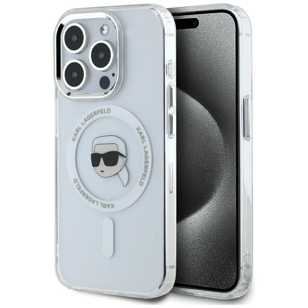 Custodia MagSafe per Apple iPhone 15 Pro Max, Karl Lagerfeld, IML Metal Karl's Head, Bianca
