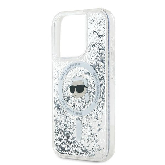 Coque MagSafe pour Apple iPhone 15 Pro Max, Karl Lagerfeld, Liquid Glitter Karl's Head, Transparente