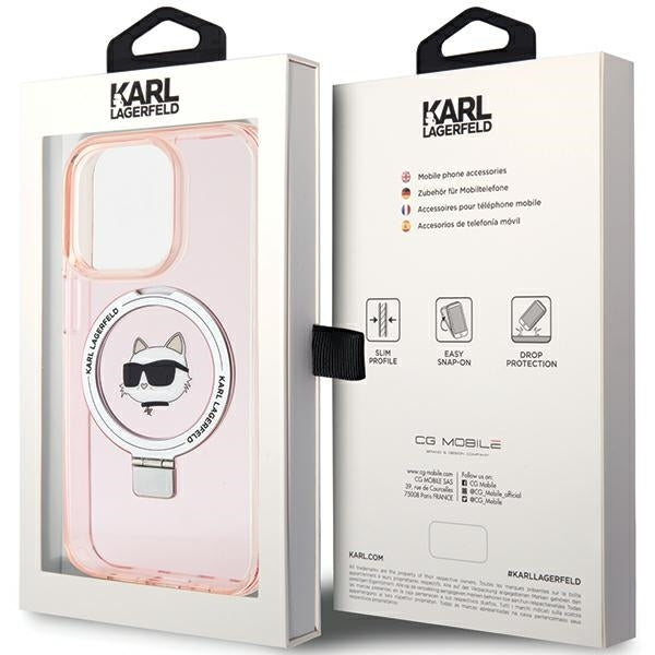 Custodia MagSafe per Apple iPhone 15 Pro Max, Karl Lagerfeld, Ring Stand Choupette's Head, Rosa
