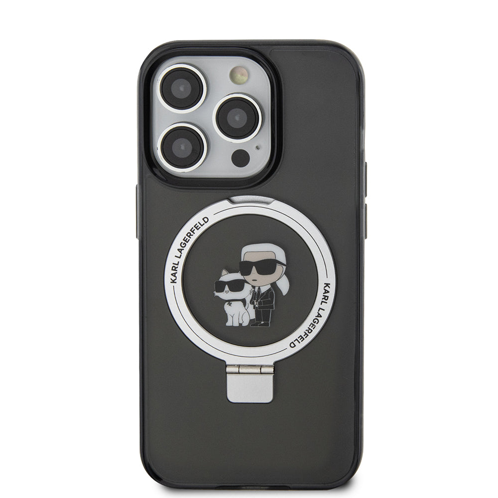 Custodia MagSafe per Apple iPhone 15 Pro Max, Karl Lagerfeld, Ring Stand Karl & Choupette, Nera