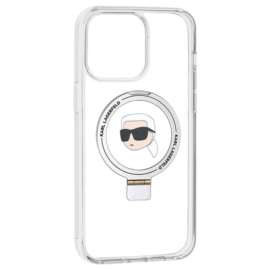 Coque MagSafe pour Apple iPhone 15 Pro Max, Karl Lagerfeld, Ring Stand Karl's Head, Blanche