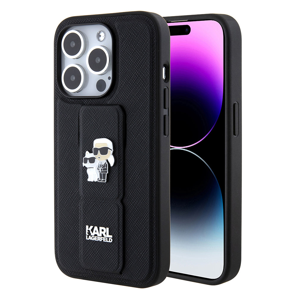 Custodia MagSafe per Apple iPhone 15 Pro Max, Karl Lagerfeld, Saffiano Gripstand Karl & Choupette, Nera