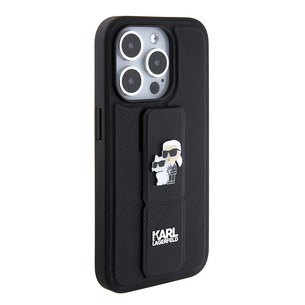 Custodia MagSafe per Apple iPhone 15 Pro Max, Karl Lagerfeld, Saffiano Gripstand Karl & Choupette, Nera