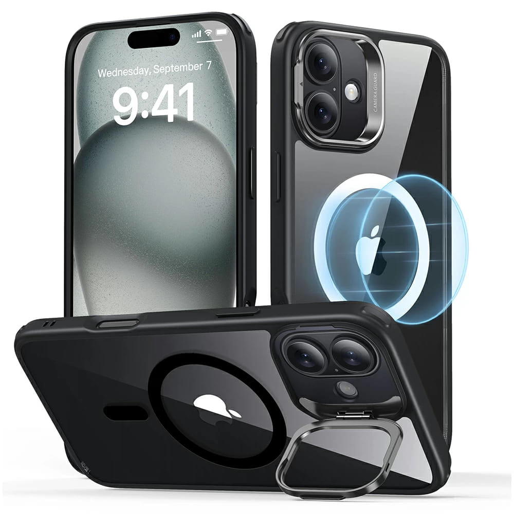 Coque MagSafe pour Apple iPhone 16, ESR, Classic Hybrid Kickstand, Noire Transparente