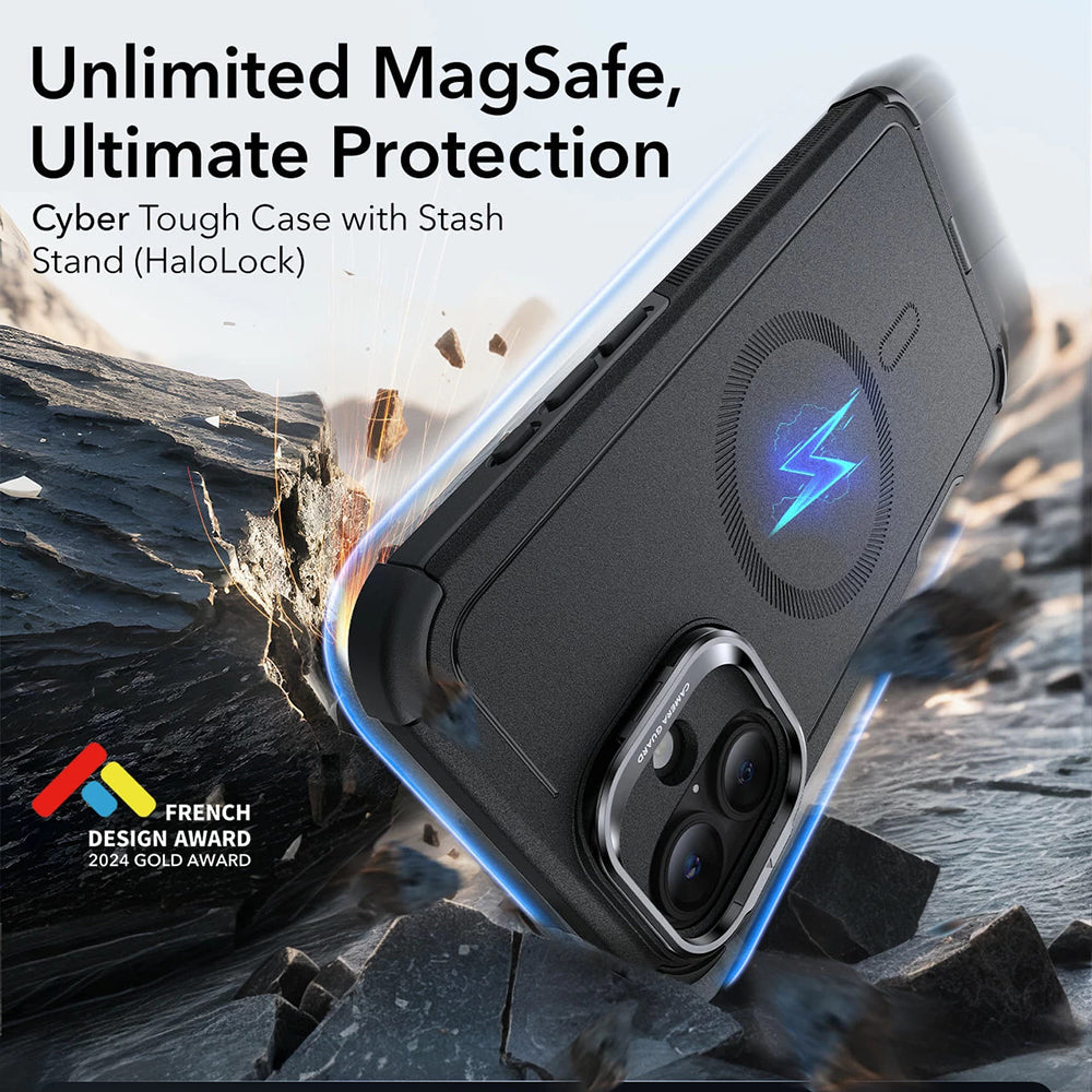 MagSafe Hülle für Apple iPhone 16, ESR, Cyber Armor Kickstand, Schwarz