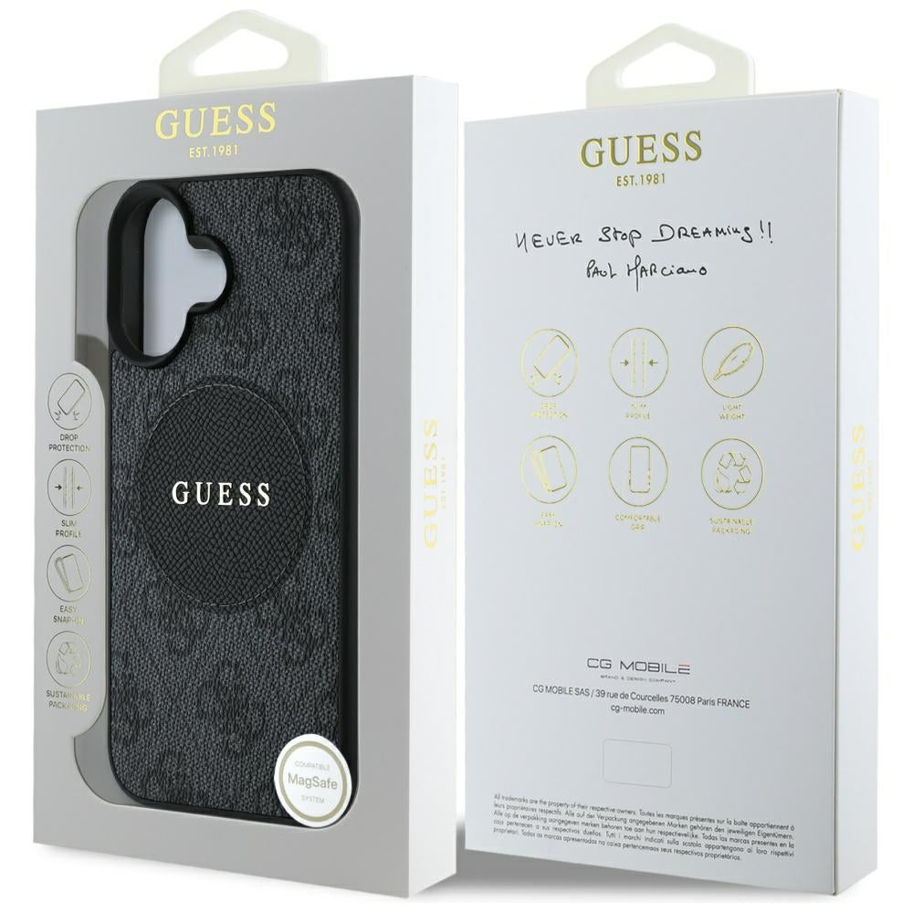 Étui MagSafe pour Apple iPhone 16, Guess, 4G Circle Classic Logo, Noir