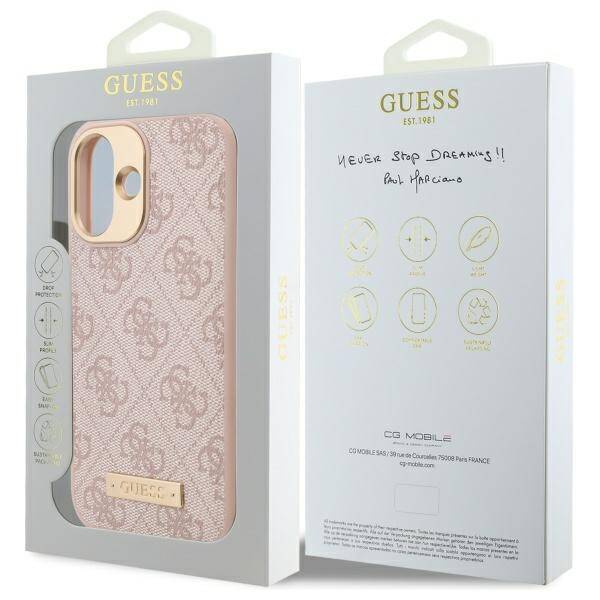 Custodia MagSafe per Apple iPhone 16, Guess, 4G Logo Plate, Rosa