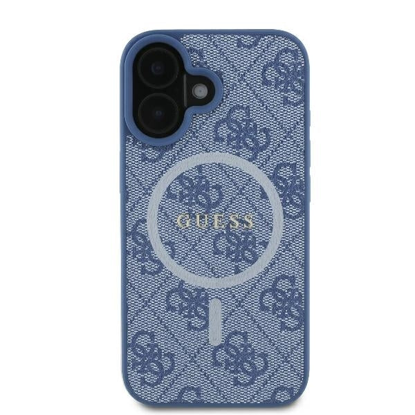 Custodia MagSafe per Apple iPhone 16, Guess, 4G Ring Classic Logo, Blu