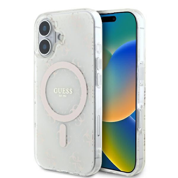 Custodia MagSafe per Apple iPhone 16, Guess, IML 4G Background, Bianca