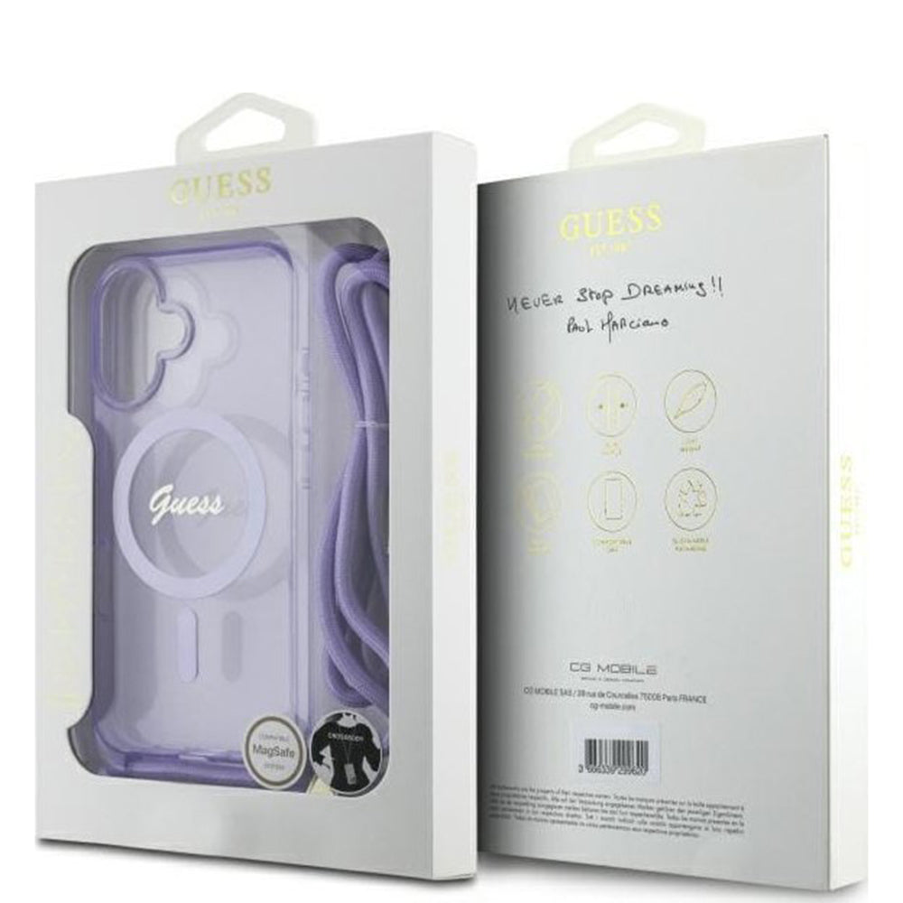 Étui MagSafe pour Apple iPhone 16, Guess, IML Crossbody Cord Script, Violet