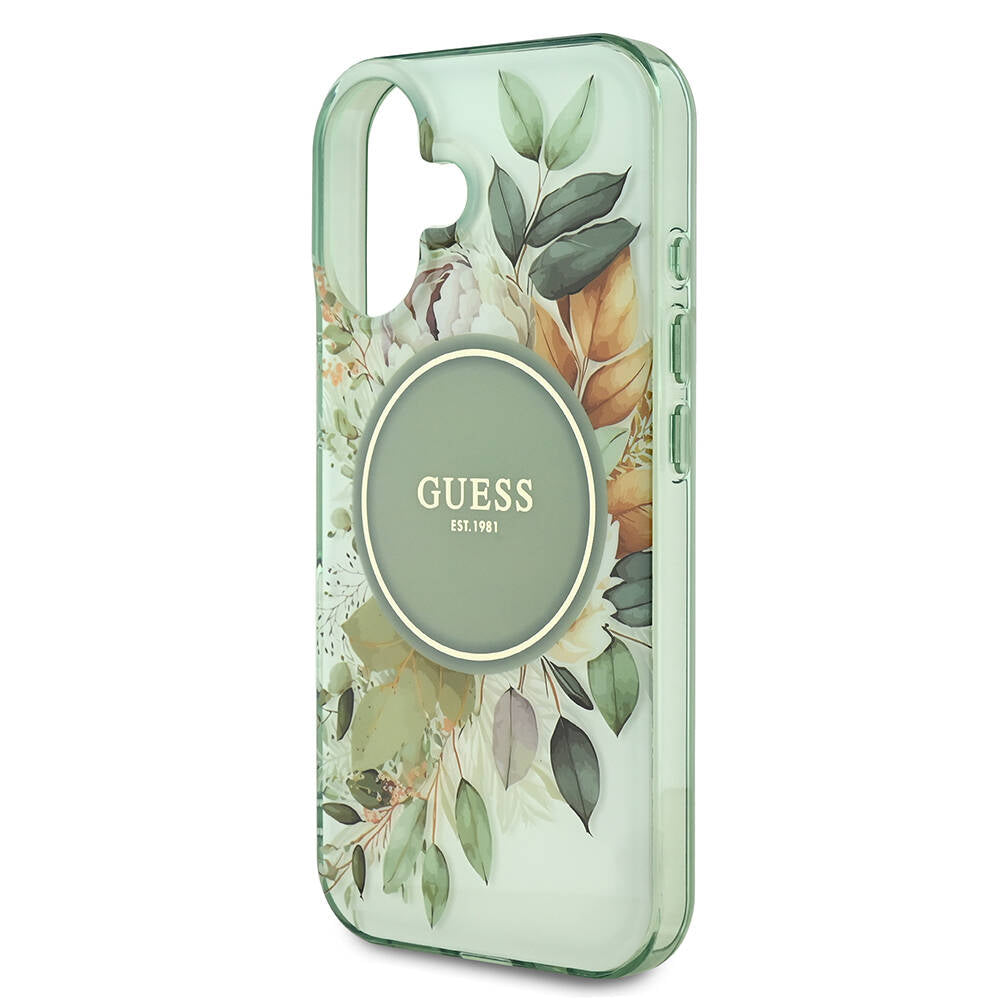 Custodia MagSafe per Apple iPhone 16, Guess, IML Flower & Tonal Circle, Verde