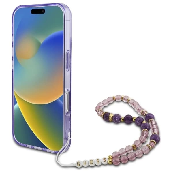 Custodia MagSafe per Apple iPhone 16, Guess, IML Flowers with Pearl Strap, Viola