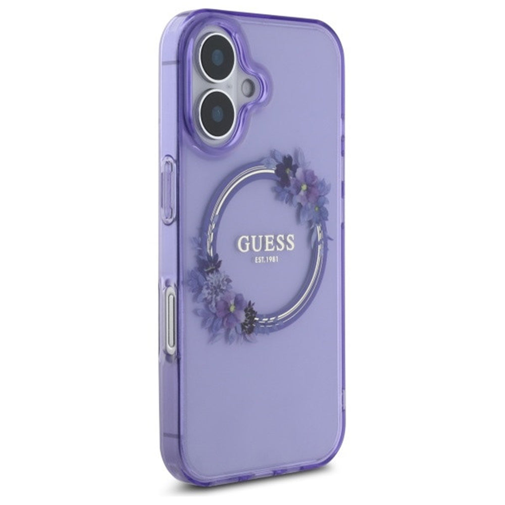 Étui MagSafe pour Apple iPhone 16, Guess, IML Couronne de Fleurs, Rose