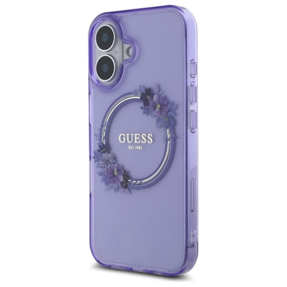 Étui MagSafe pour Apple iPhone 16, Guess, IML Couronne de Fleurs, Rose