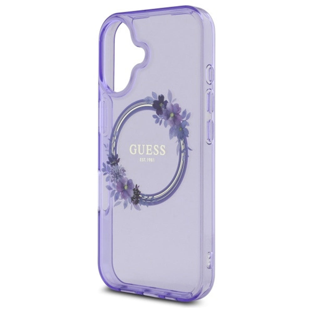 Étui MagSafe pour Apple iPhone 16, Guess, IML Couronne de Fleurs, Rose