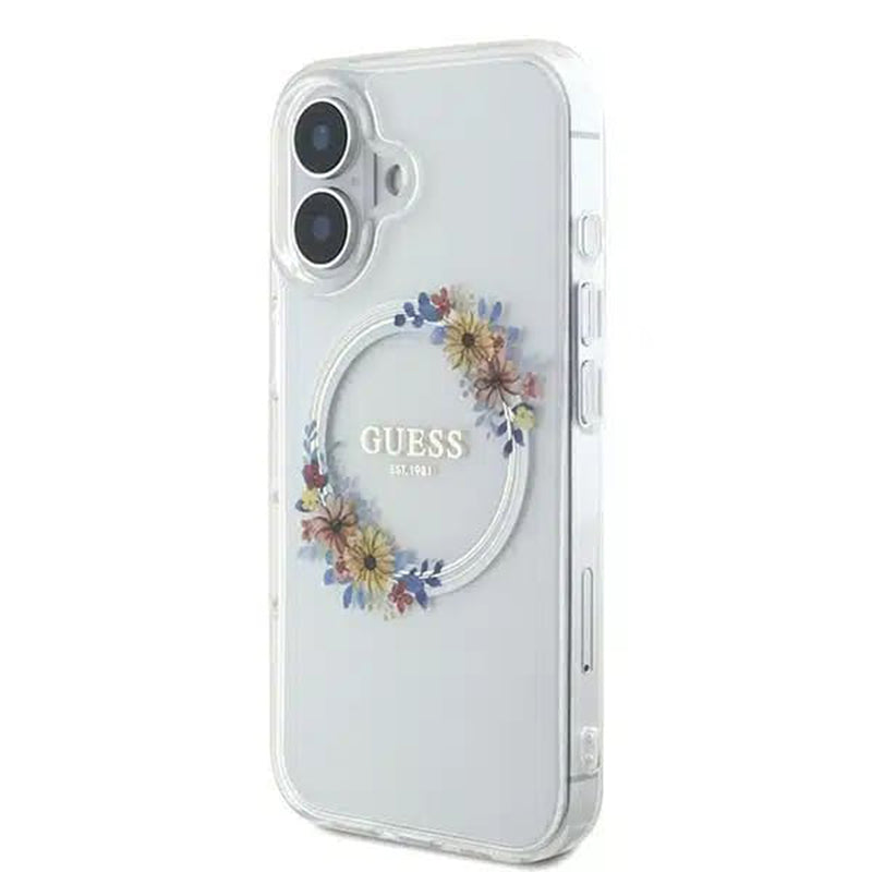 Custodia MagSafe per Apple iPhone 16, Guess, IML Flowers Wreath, Trasparente