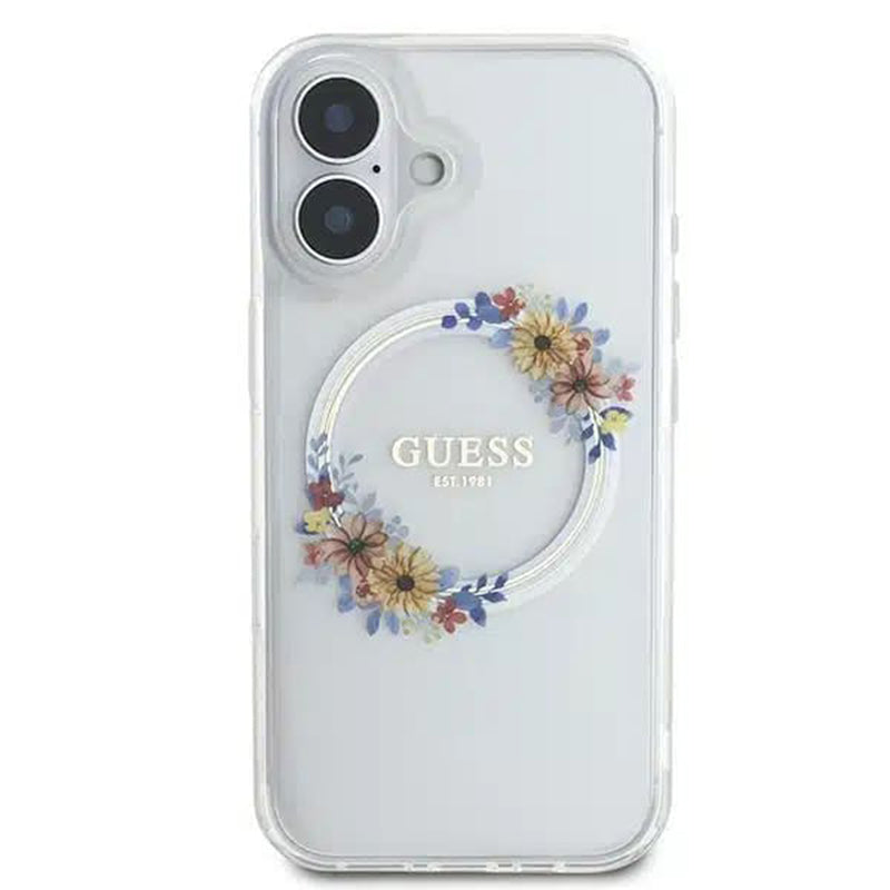 Custodia MagSafe per Apple iPhone 16, Guess, IML Flowers Wreath, Trasparente