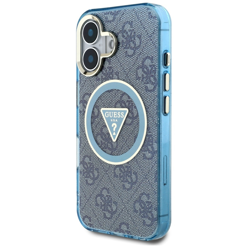 MagSafe Hülle für Apple iPhone 16, Guess, IML Glitter 4G Circle Triangle, Blau