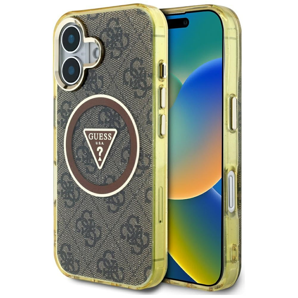 Étui MagSafe pour Apple iPhone 16, Guess, IML Glitter 4G Circle Triangle, Marron