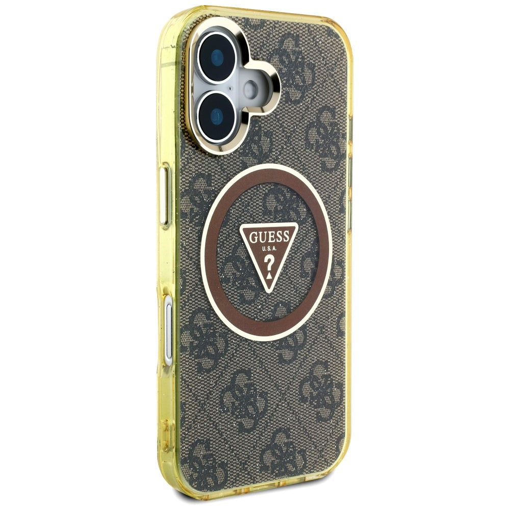 Étui MagSafe pour Apple iPhone 16, Guess, IML Glitter 4G Circle Triangle, Marron
