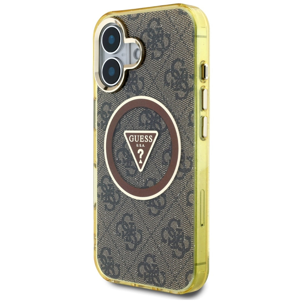 Étui MagSafe pour Apple iPhone 16, Guess, IML Glitter 4G Circle Triangle, Marron