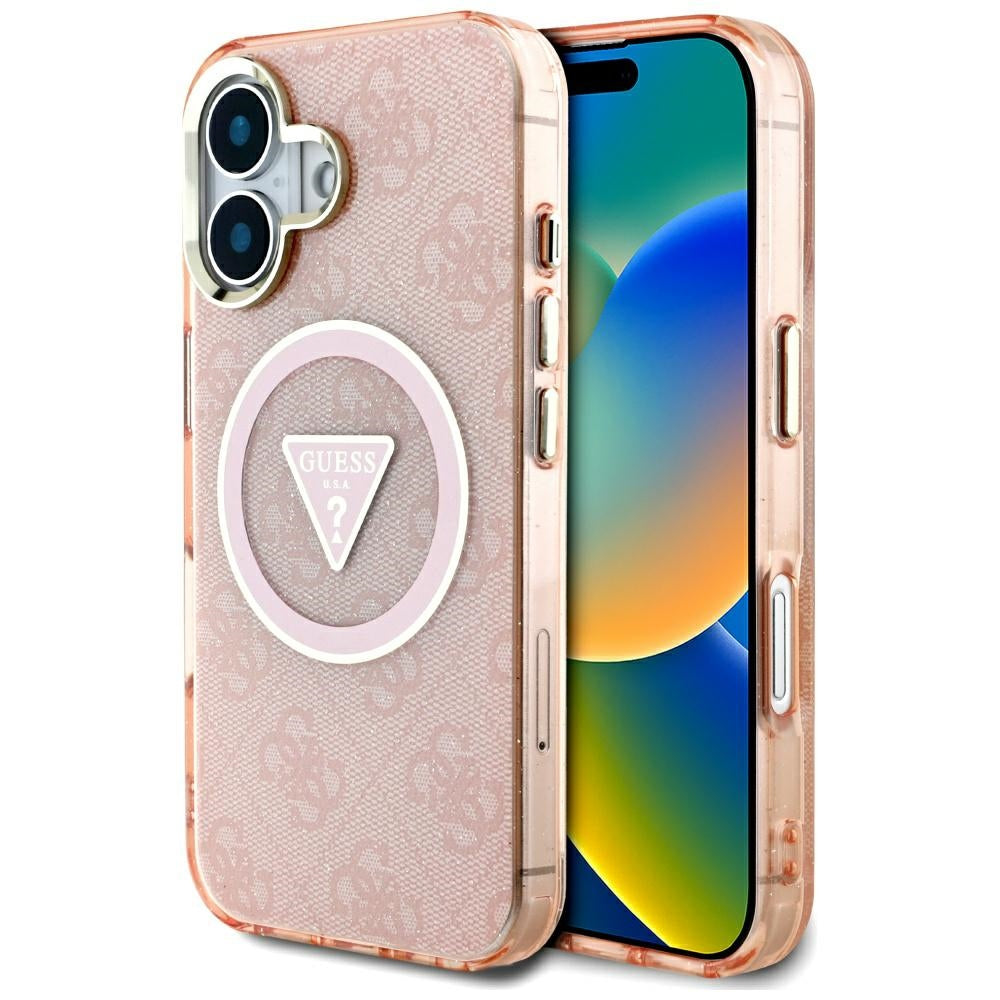 Custodia MagSafe per Apple iPhone 16, Guess, IML Glitter 4G Circle Triangle, Rosa