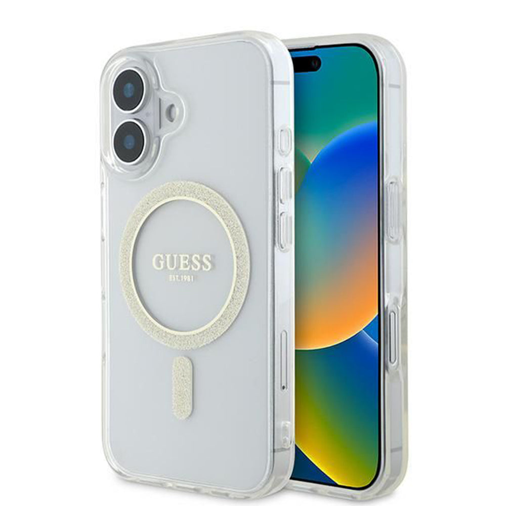 MagSafe Hülle für Apple iPhone 16, Guess, IML Glitter Circle, Transparent