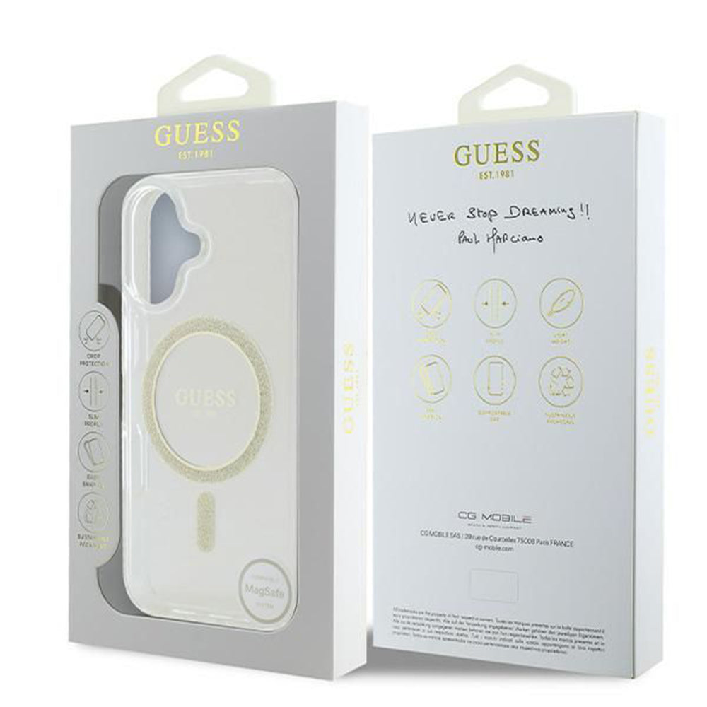 MagSafe Hülle für Apple iPhone 16, Guess, IML Glitter Circle, Transparent