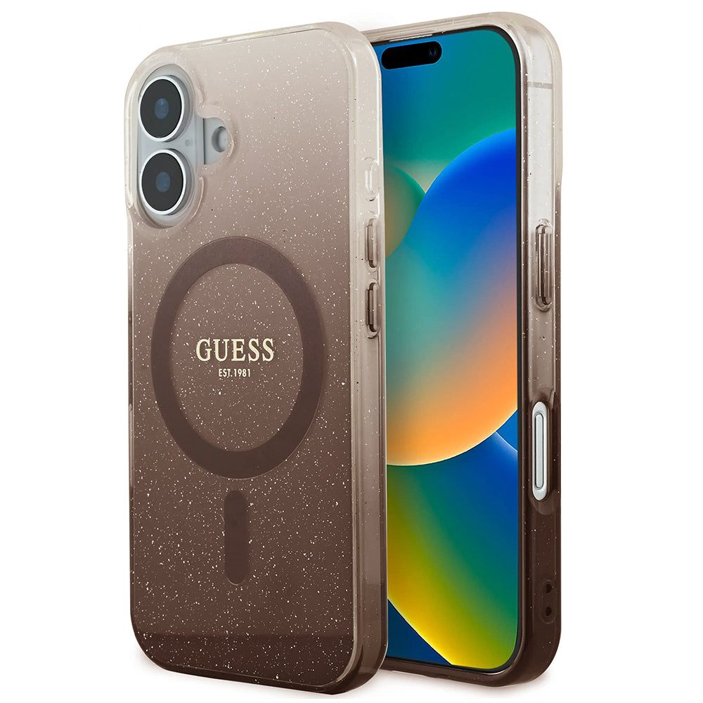 Étui MagSafe pour Apple iPhone 16, Guess, IML Glitter Gradient, Marron