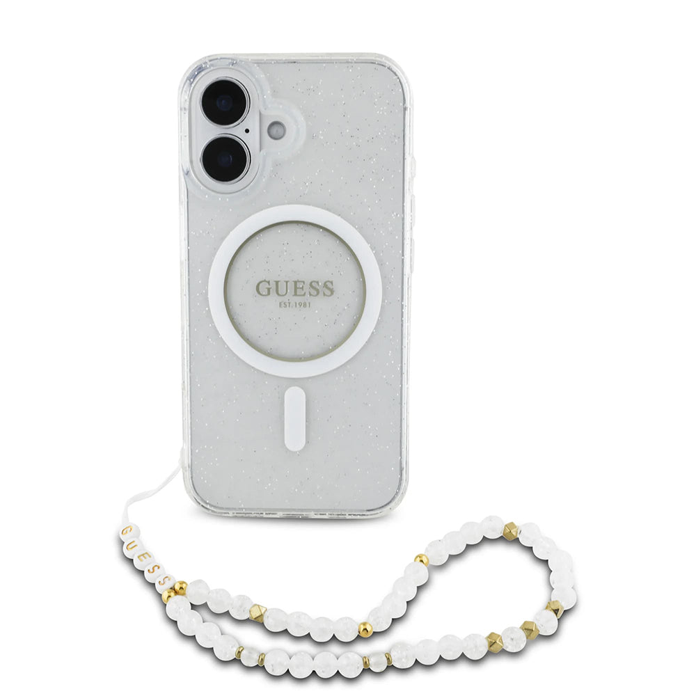 Custodia MagSafe per Apple iPhone 16, Guess, IML Glitter con Cinturino di Perle, Trasparente