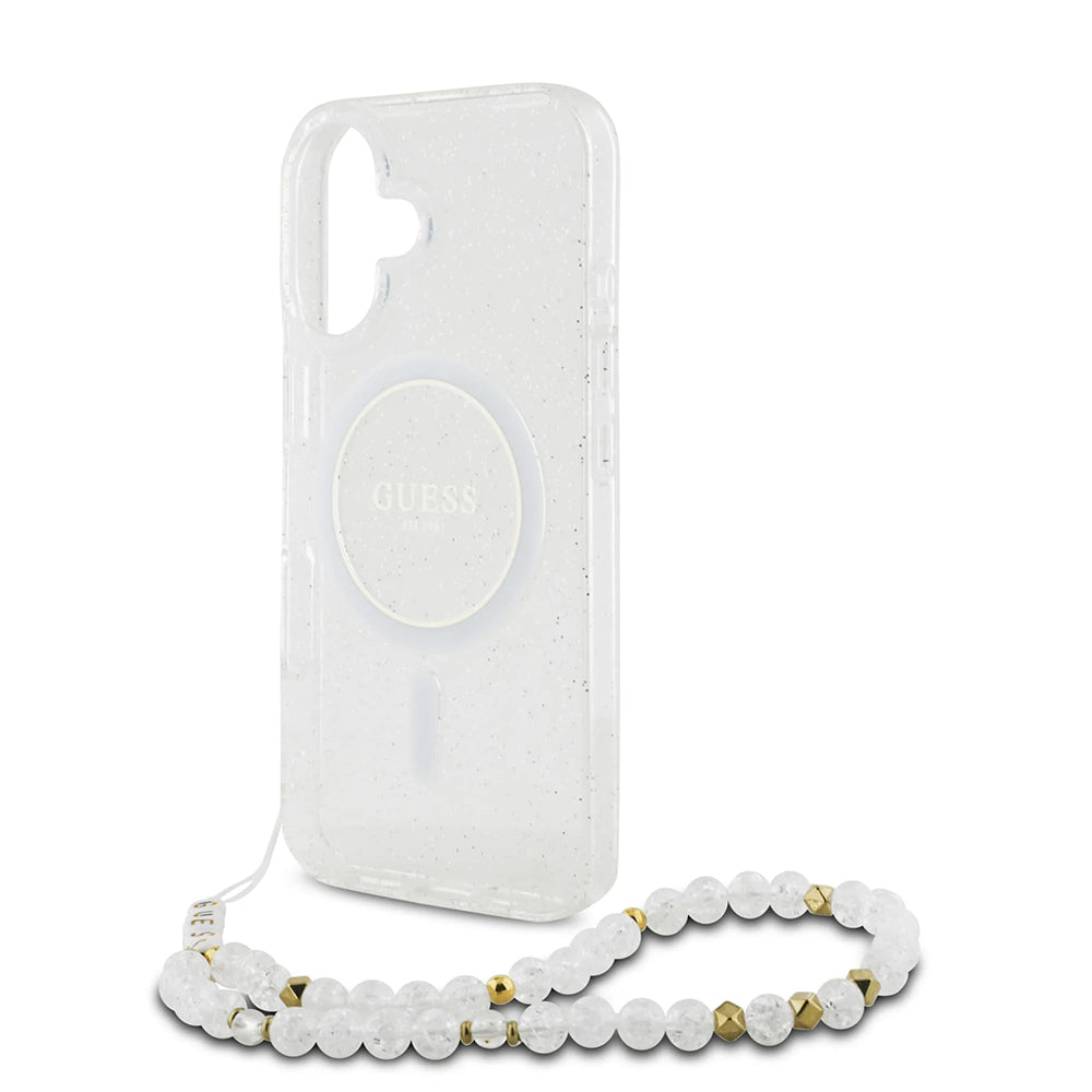 Custodia MagSafe per Apple iPhone 16, Guess, IML Glitter con Cinturino di Perle, Trasparente