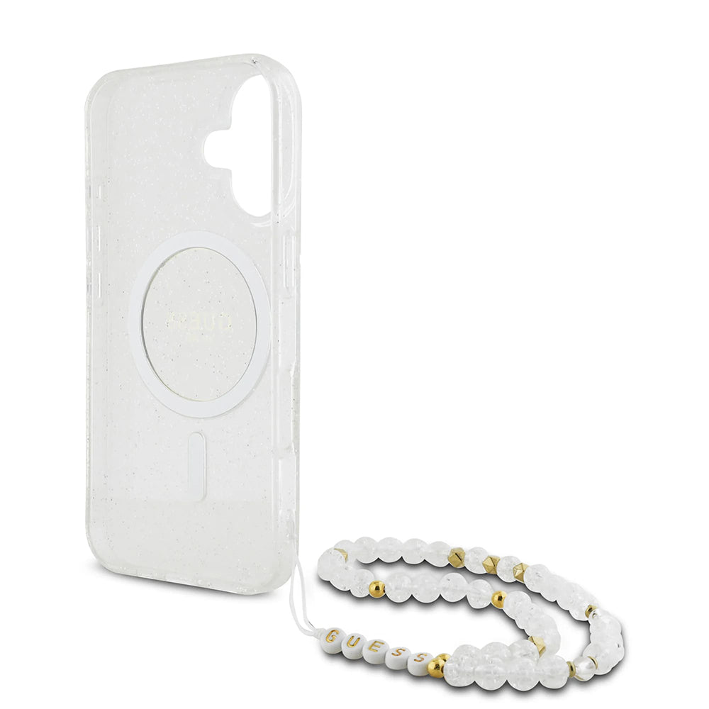Custodia MagSafe per Apple iPhone 16, Guess, IML Glitter con Cinturino di Perle, Trasparente
