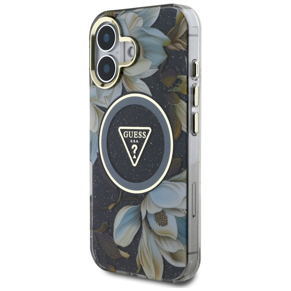 Custodia MagSafe per Apple iPhone 16, Guess, IML Metal Glitter Flowers Triangle, Nera