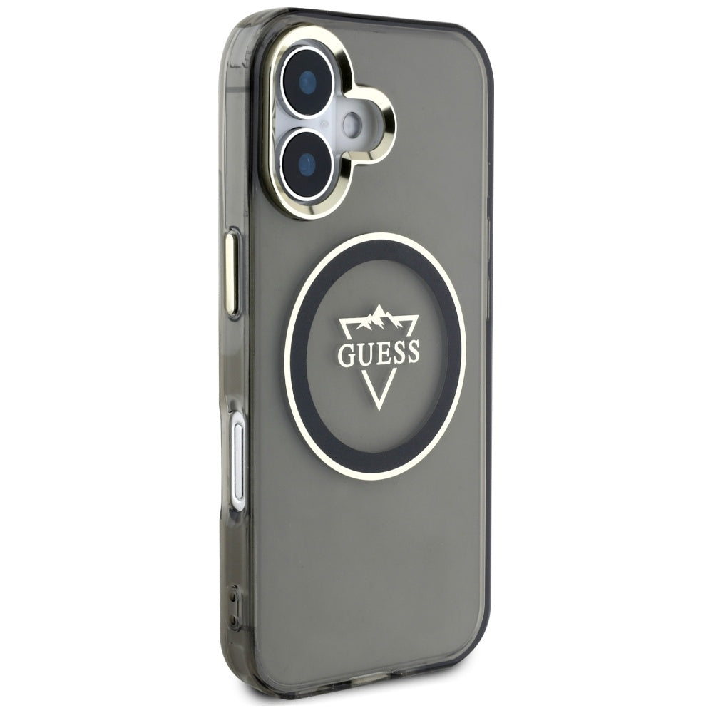 MagSafe Hülle für Apple iPhone 16, Guess, IML Metal Mountain Logo, Schwarz