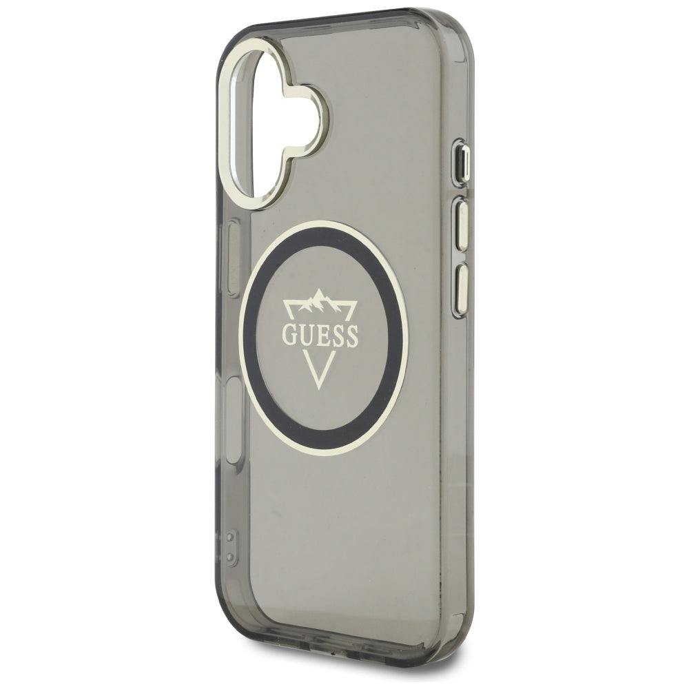 MagSafe Hülle für Apple iPhone 16, Guess, IML Metal Mountain Logo, Schwarz