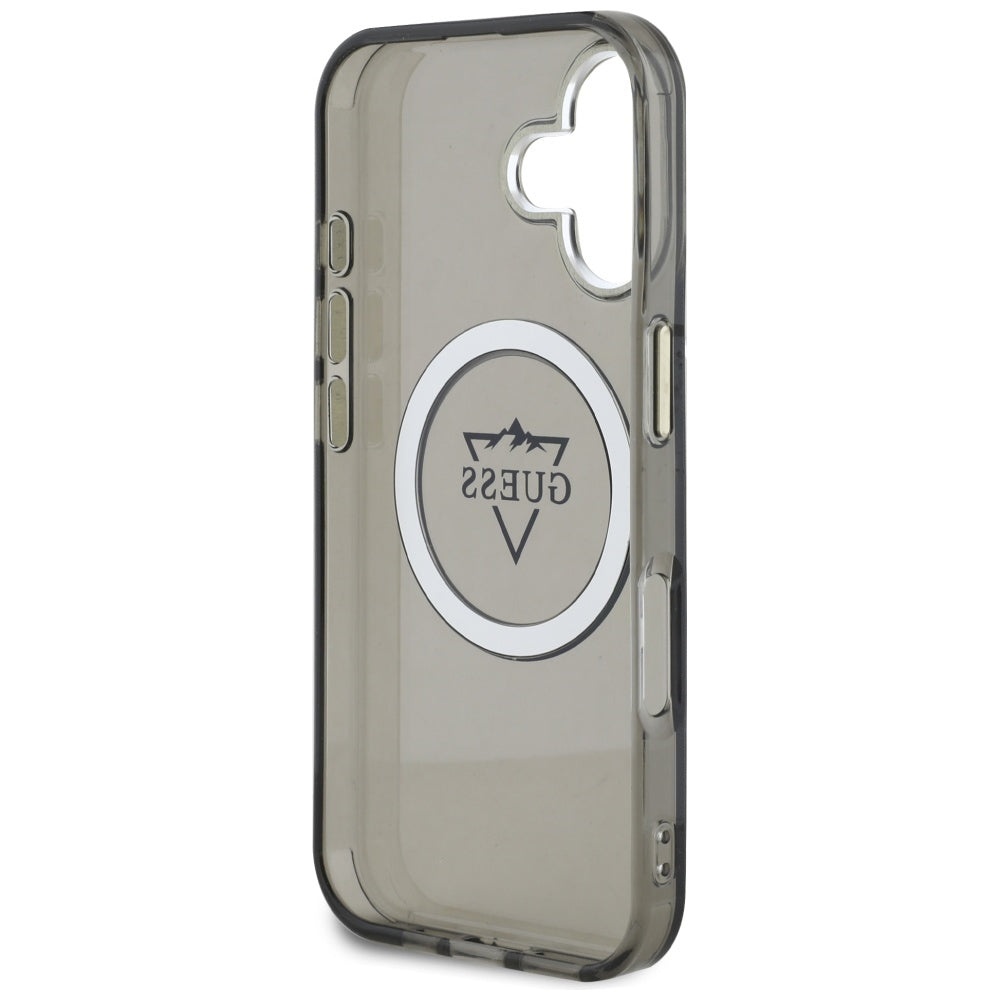 MagSafe Hülle für Apple iPhone 16, Guess, IML Metal Mountain Logo, Schwarz