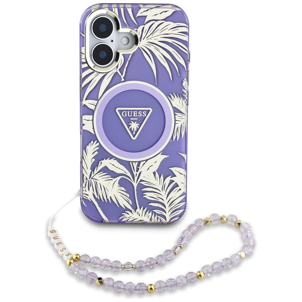 MagSafe Hülle für Apple iPhone 16, Guess, IML Palm Trees Triangle mit Perlenband, Lila