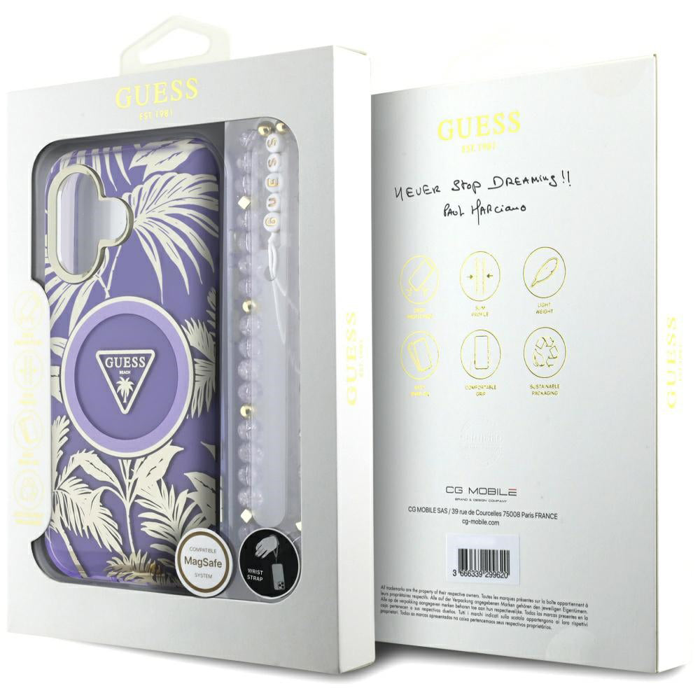 MagSafe Hülle für Apple iPhone 16, Guess, IML Palm Trees Triangle mit Perlenband, Lila
