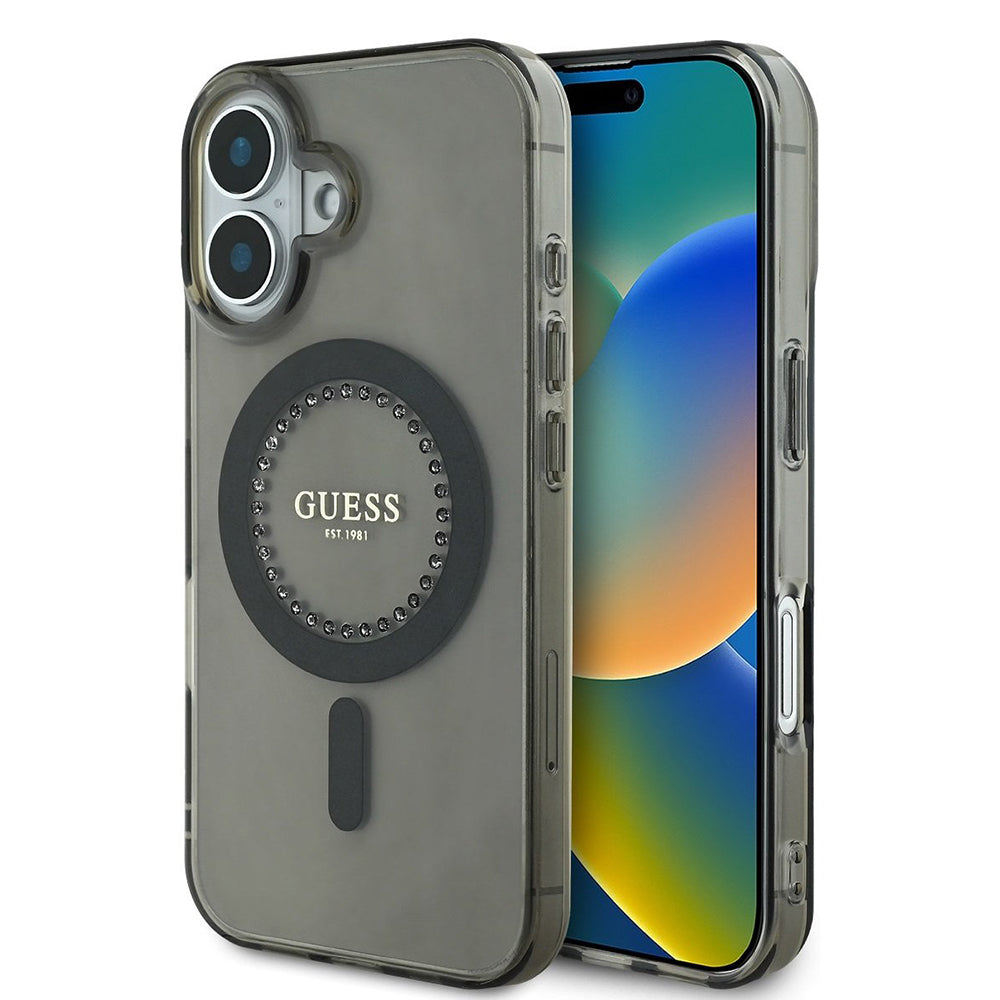 Coque MagSafe pour Apple iPhone 16, Guess, IML Rhinestone, Noire