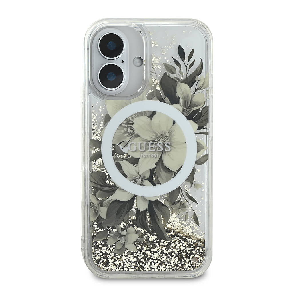 Custodia MagSafe per Apple iPhone 16, Guess, Liquid Glitter Flower, Beige