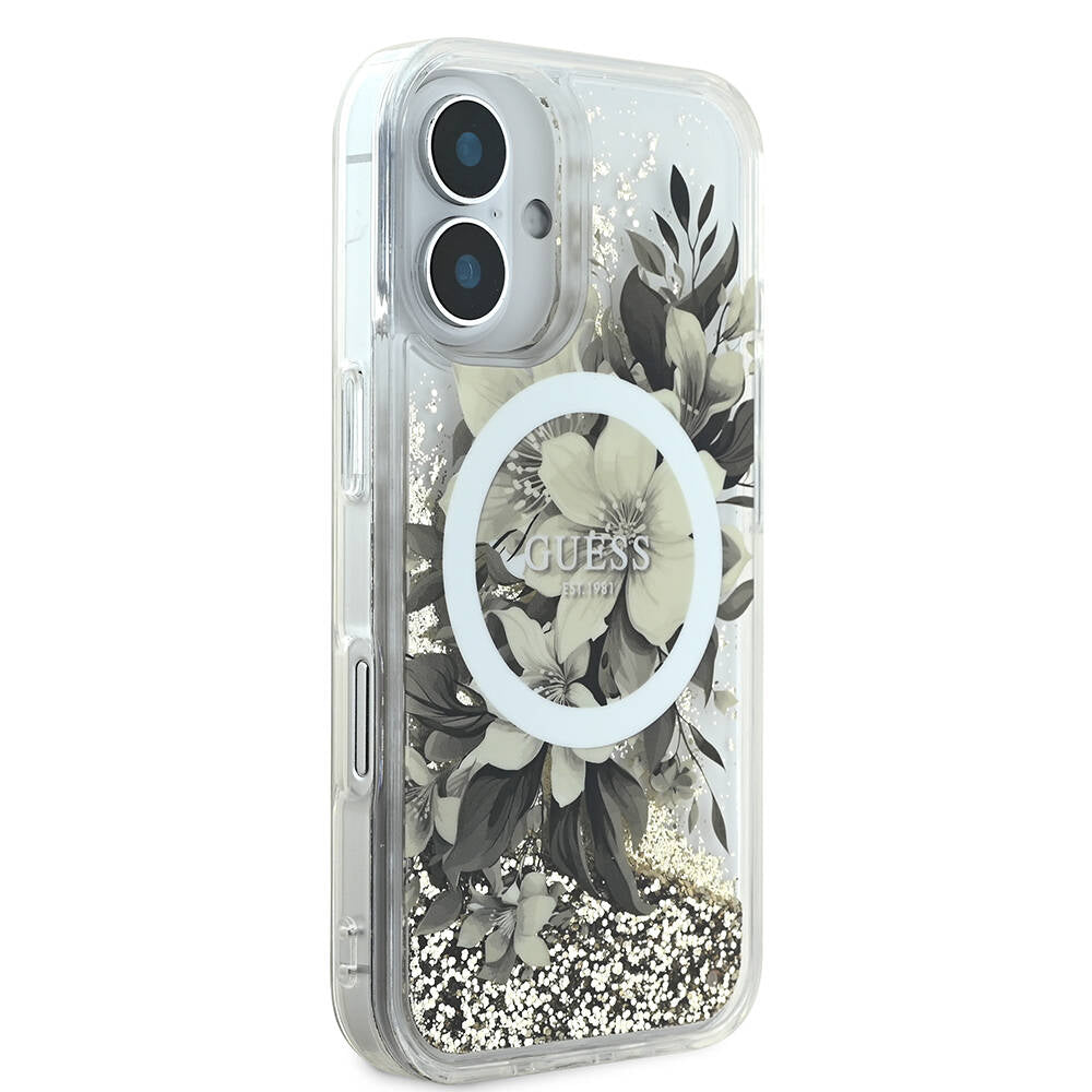 Custodia MagSafe per Apple iPhone 16, Guess, Liquid Glitter Flower, Beige