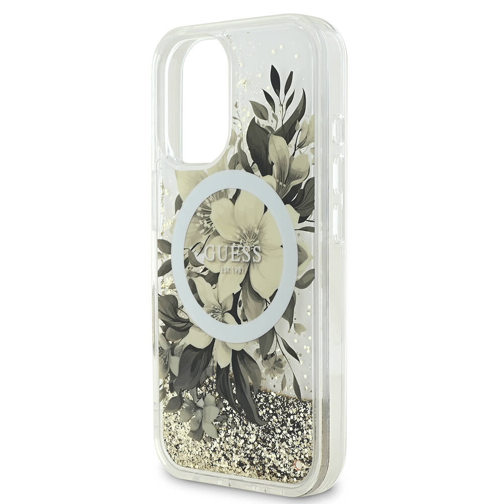 Custodia MagSafe per Apple iPhone 16, Guess, Liquid Glitter Flower, Beige