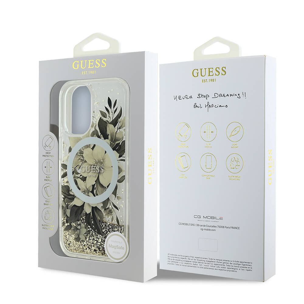 Custodia MagSafe per Apple iPhone 16, Guess, Liquid Glitter Flower, Beige