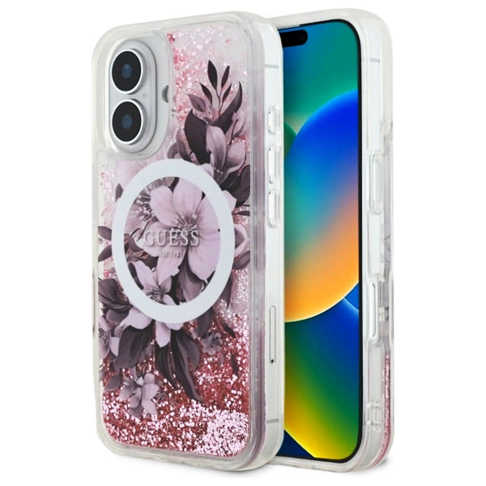 Étui MagSafe pour Apple iPhone 16, Guess, Liquid Glitter Flower, Rose