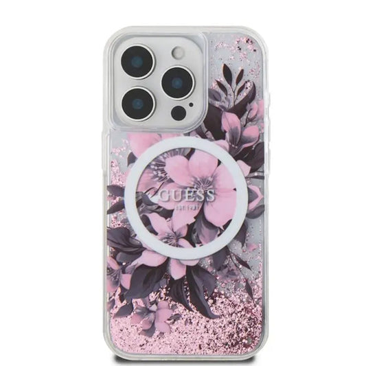 MagSafe Hülle für Apple iPhone 16, Guess, Liquid Glitter Flower, Rosa