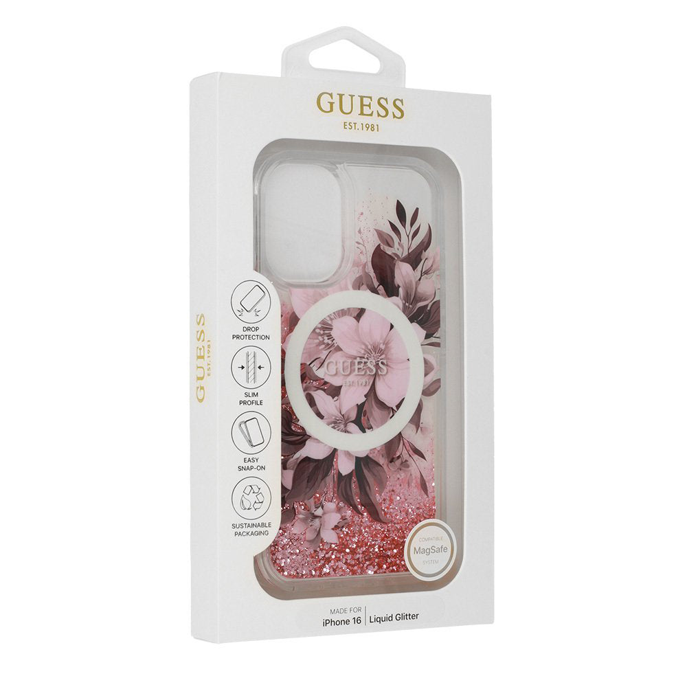 Étui MagSafe pour Apple iPhone 16, Guess, Liquid Glitter Flower, Rose