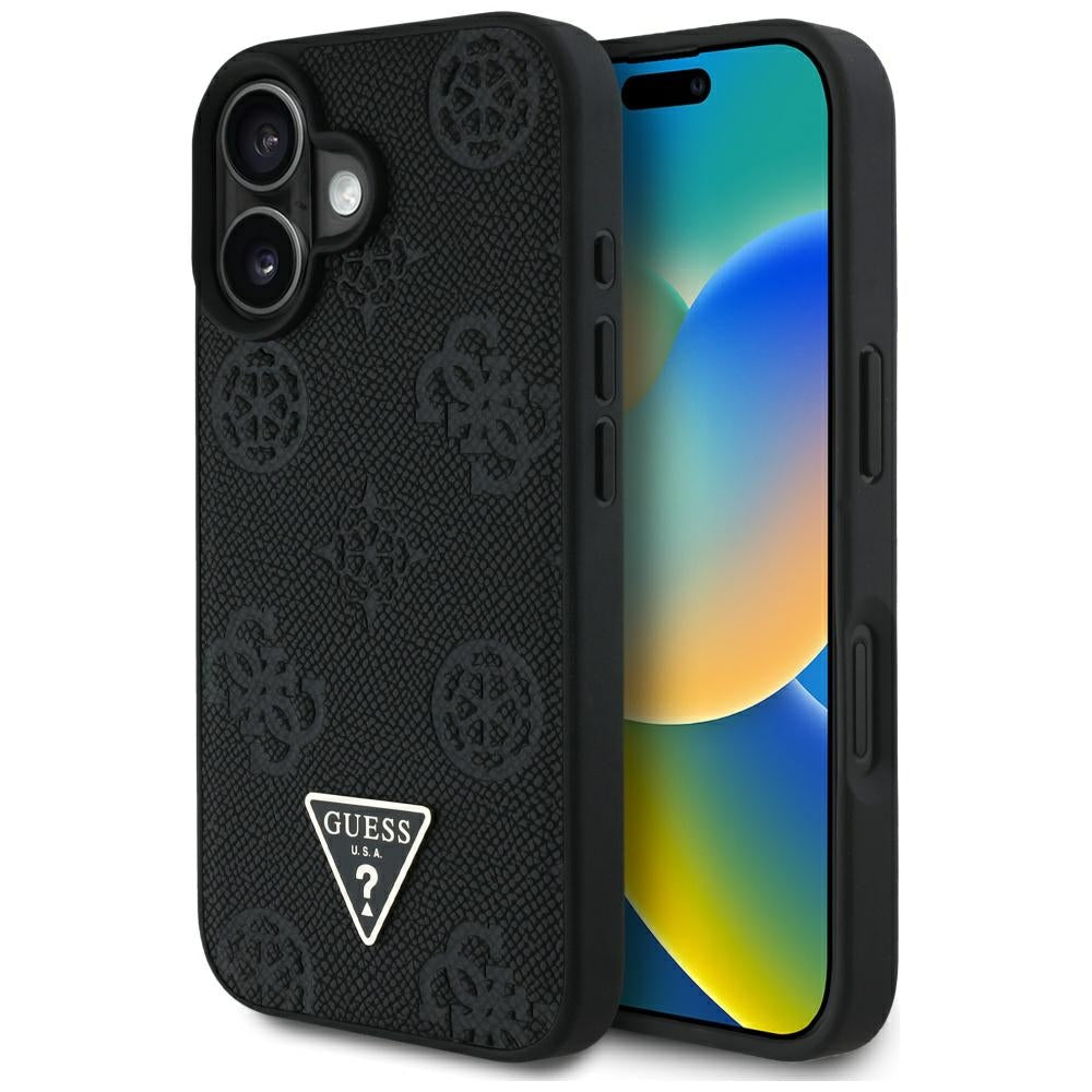 Custodia MagSafe per Apple iPhone 16, Guess, Peony Grained Hot Stamp Triangle, Nera