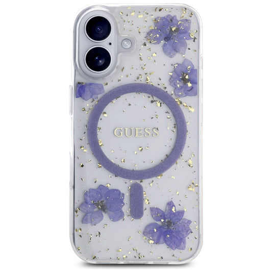 Coque MagSafe pour Apple iPhone 16, Guess, Fleurs en Résine et Paillettes, Mauve