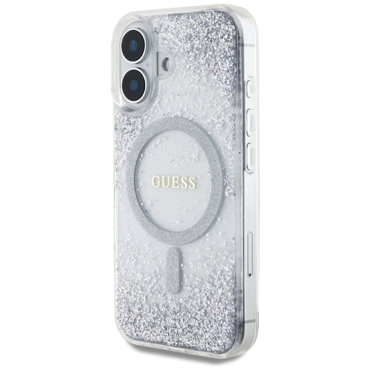 Coque MagSafe pour Apple iPhone 16, Guess, Resin Gradient Glitter, Argentée
